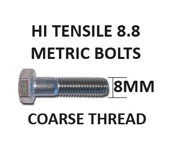 8mm Diameter Class 8.8 Hex Head High Tensile Bolts Zinc Plated. Select Length